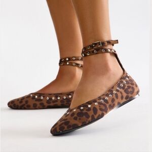 Studded Leopard Print Ankle Strap Flats